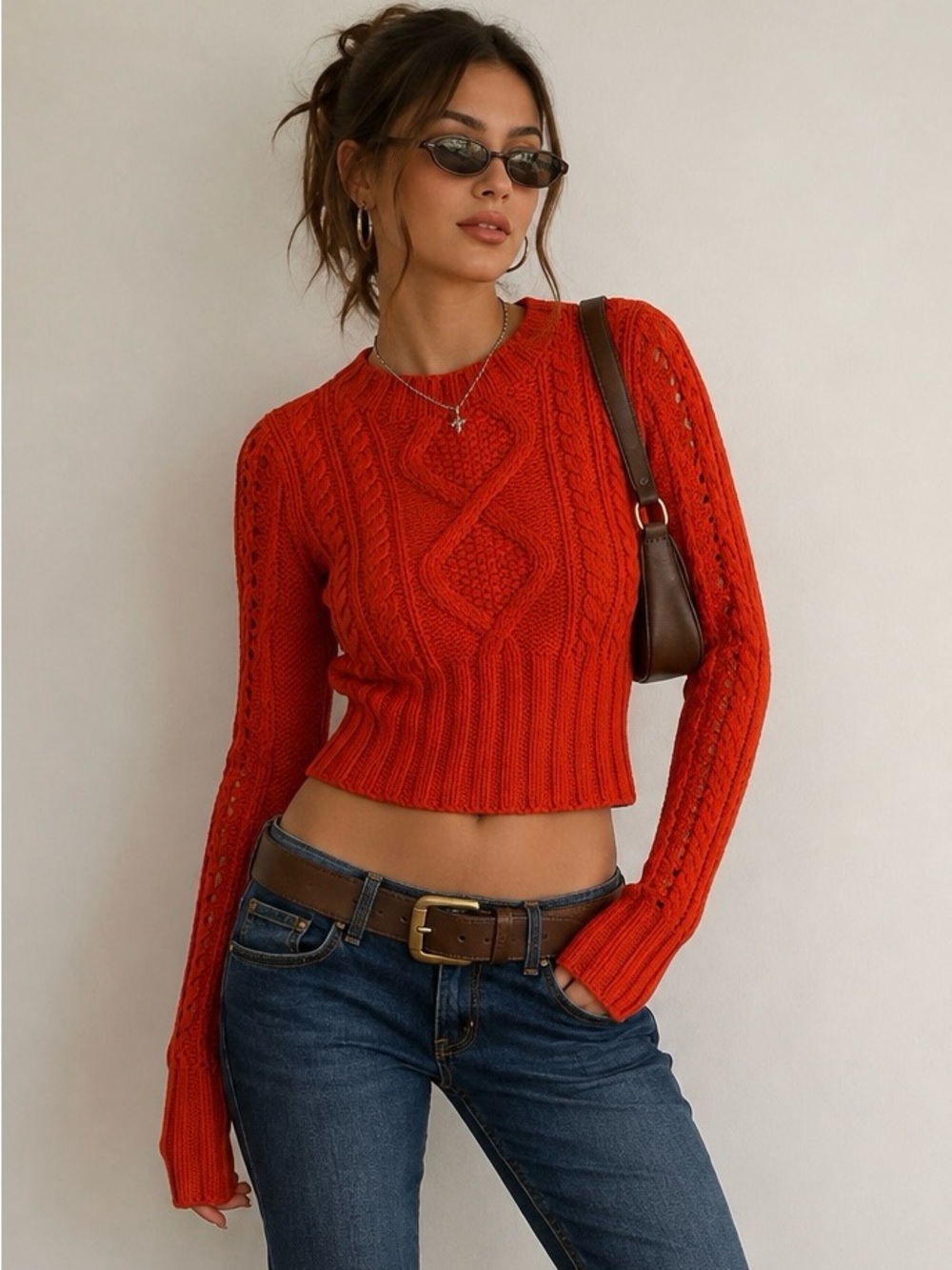 Vintage Y2K Juicy Couture Cable Knit Merino Wool Sweater Red Orange Medium